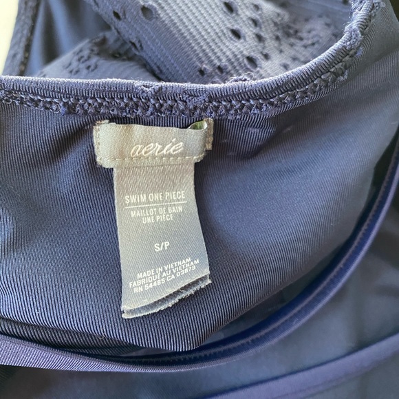 AERIE Navy Eyelet Cutwork One Piece Deep V-neck Halter Swimsuit - Picture 4 of 5